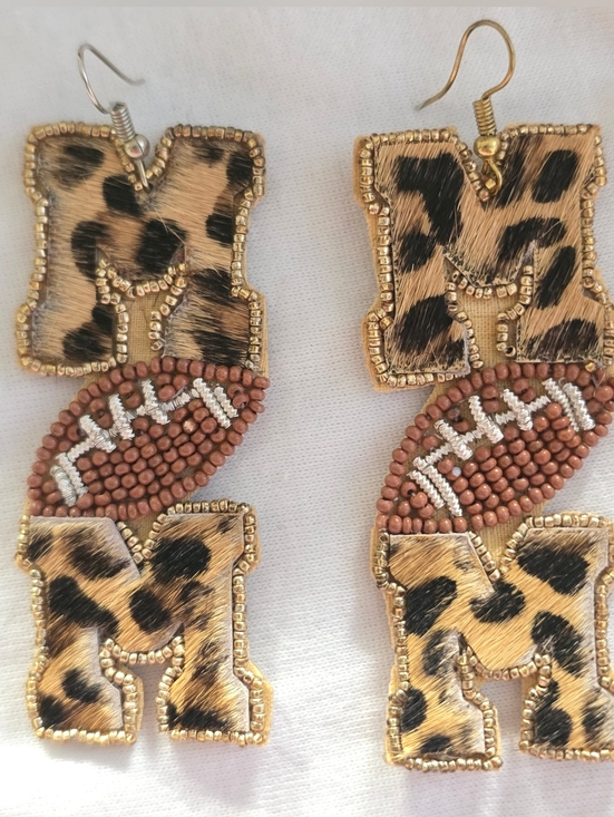 None Jewelry - Football Earrings Leopard Beaded Game Day Drop Earrings Gold Brown 3in New